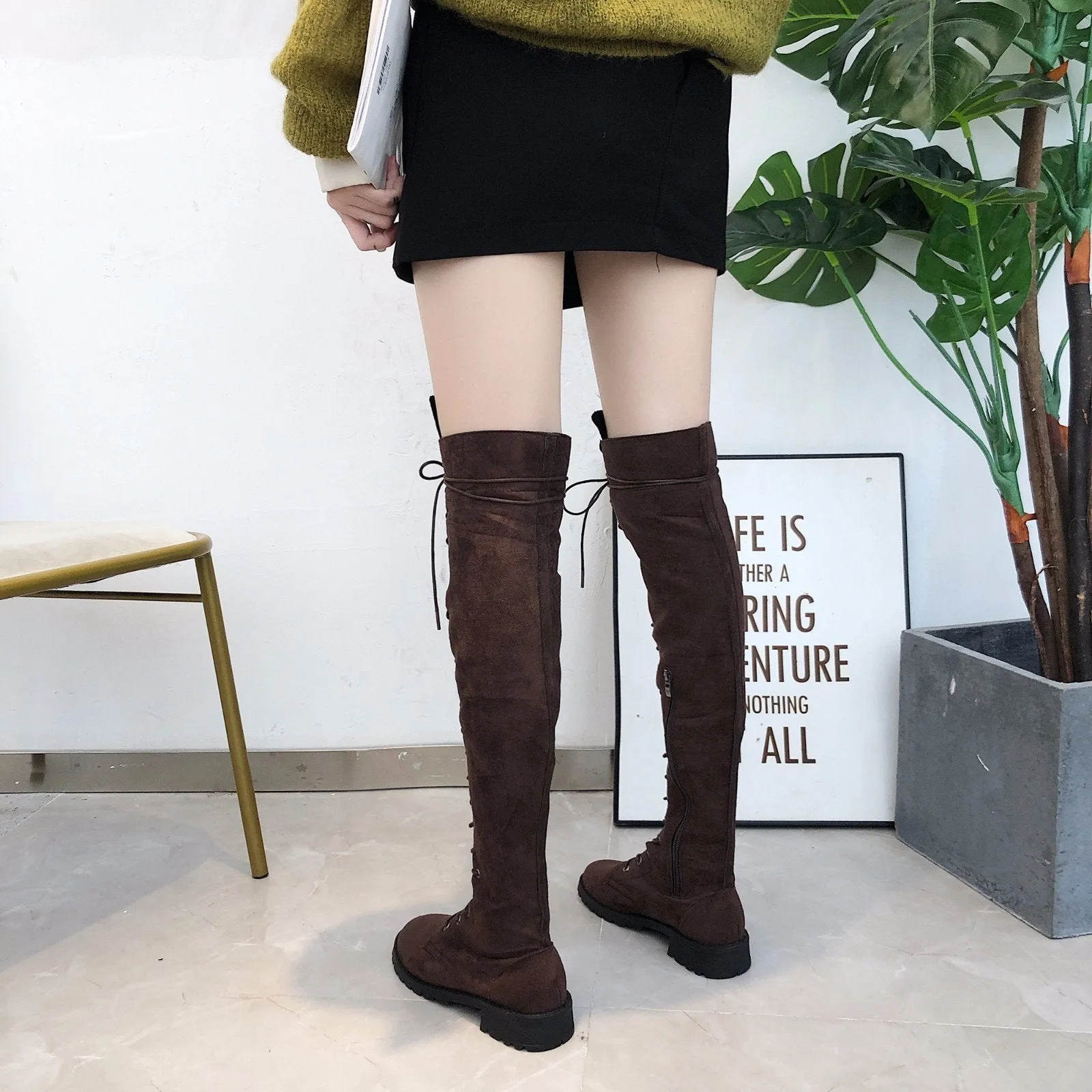 Women's thigh high combat boots low heel lace-up tall boots