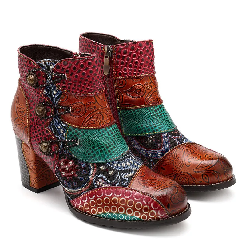 Women's Western High Heels Vintage Printed Leather Ankle Boots