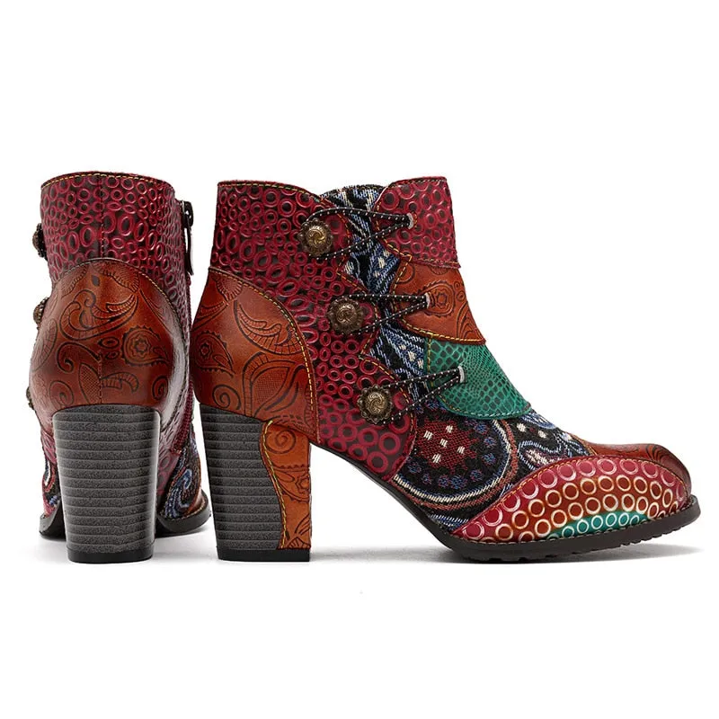 Women's Western High Heels Vintage Printed Leather Ankle Boots