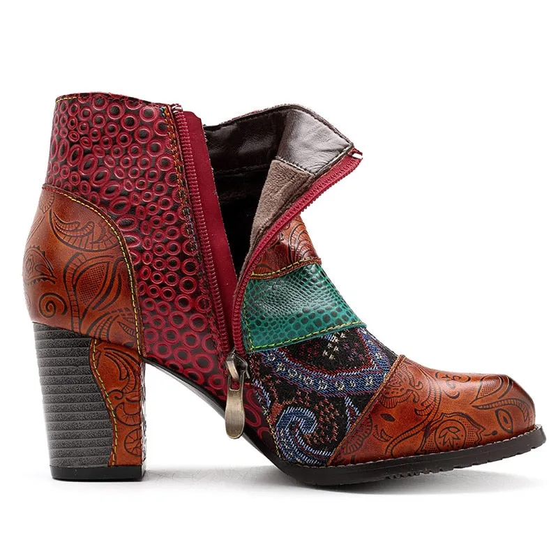 Women's Western High Heels Vintage Printed Leather Ankle Boots